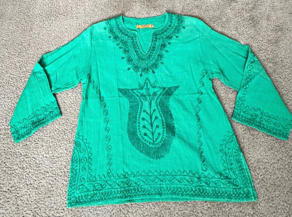 Uzman Giyim Womens Large Green Embroidered 100% Cotton Tunic Top Turkish Boho